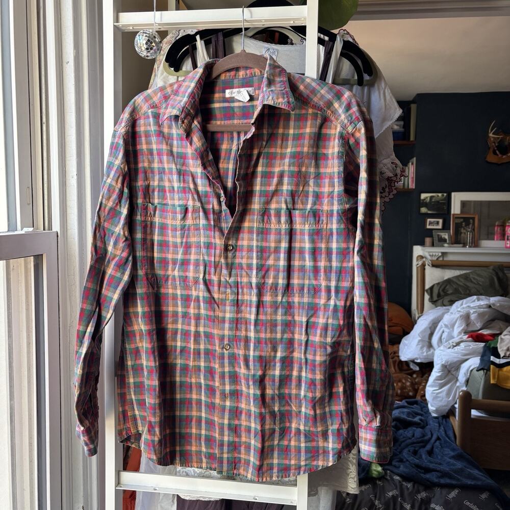 Vintage Elizabeth Liz Claiborne Womans M Plaid‎ Button Up Top 90s Muted Fall